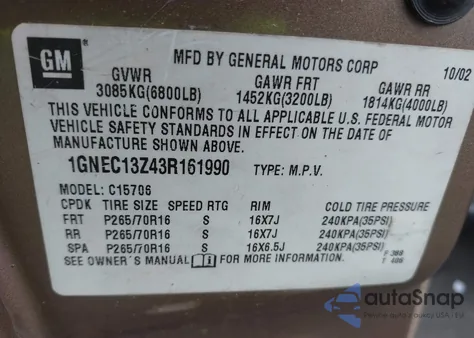 2003 Chevrolet Tahoe Ls из США, поврежденный, VIN 1GNEC13Z43R161990